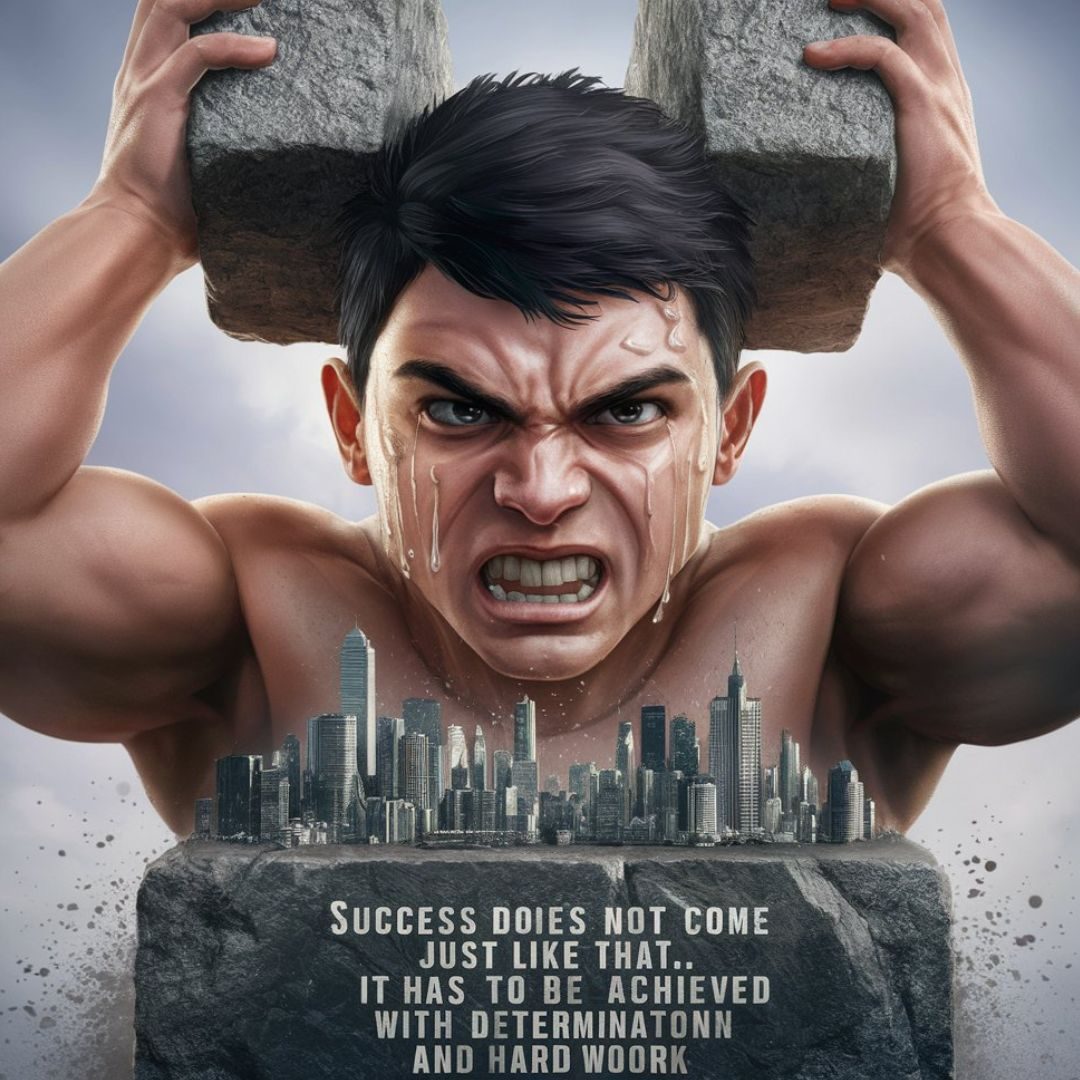 A striking 3D render of a young, muscular man with a furrowed brow, sweat dripping down his face as he lifts a massive stone block overhead. His determined expression and grunt of effort convey the intense focus needed to achieve success. The city skyline emerges in the background, symbolizing his progress towards his goals. A quote on the stone block reads: "Success does not come just like that, it has to be achieved with determination and hard work." The overall tone of the image is motivational and inspiring, urging viewers to persevere in their own pursuits., 3d render. Motivational