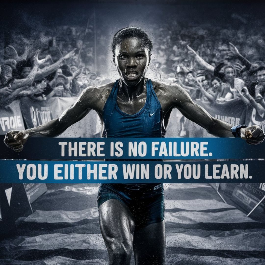 A powerful, motivational image of a strong and determined athlete crossing the finish line. The athlete is dripping with sweat and has a look of determination on their face. The quote "There is no failure. You either win or you learn." is displayed prominently on a banner in the background. The background is a blurred crowd of enthusiastic spectators, capturing the essence of a triumphant moment. Motivational