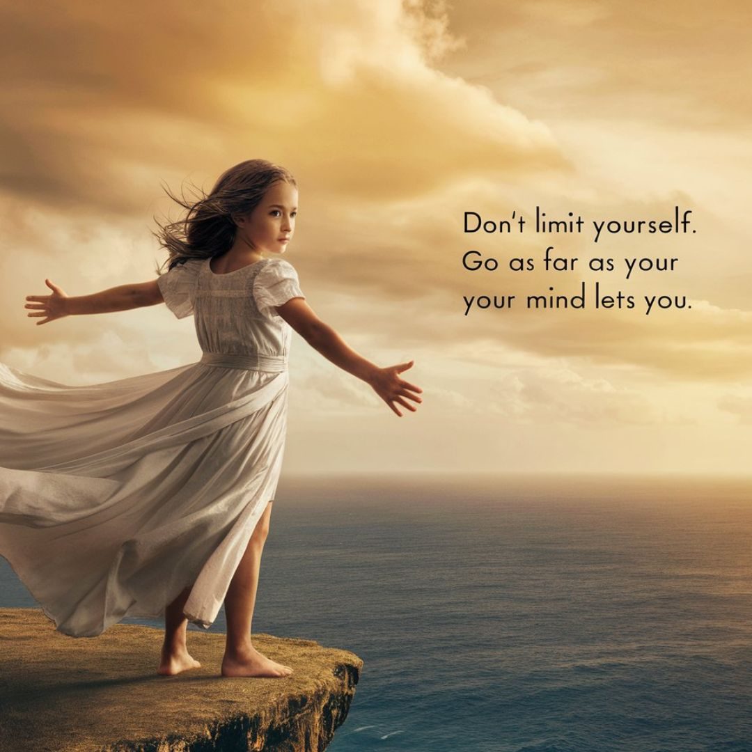 A captivating image of a young girl standing at the edge of a cliff, gazing at the vast ocean in the distance. She is wearing a flowing white dress with her arms extended wide, symbolizing the freedom of limitless possibilities. Her eyes hold a determined and hopeful gaze, as if to say, 'Don't limit yourself. Go as far as your mind lets you.' The sky overhead is a blend of warm oranges and yellows, signifying the limitless potential of a new day. Motivational