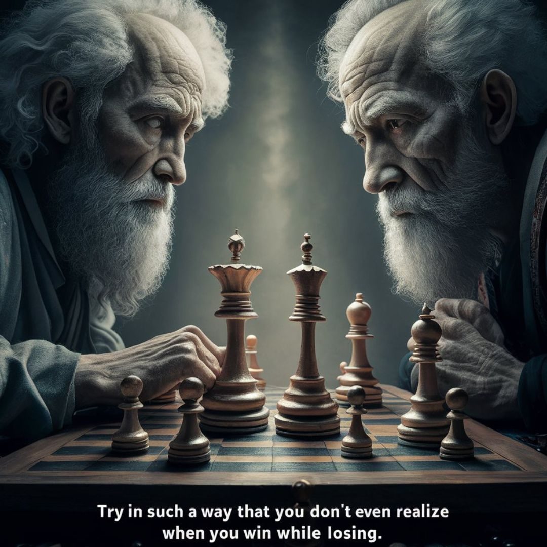 A thought-provoking image of a chess match between two ancient, wise-looking figures. The board lies between them, with pieces invarious states of movement. The caption reads: "Try in such a way that you don't even realize when you win while losing." The atmosphere is one of philosophical depth, with a sense of mystery and contemplation. Motivational