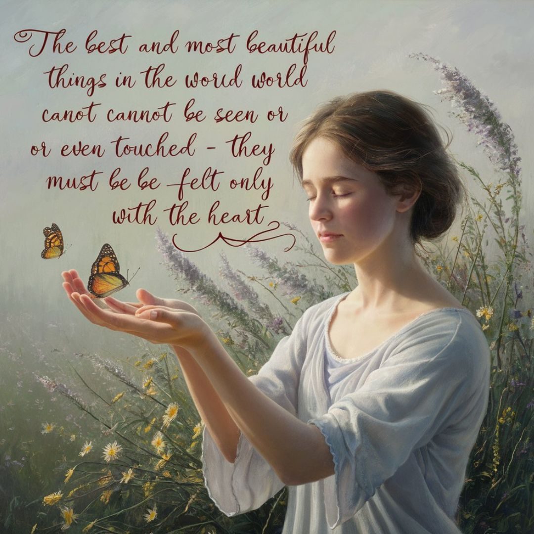 A serene and delicate painting of a young woman holding a butterfly in her outstretched hands, her eyes closed in deep contemplation. Behind her, a field of wildflowers sways in a gentle breeze, while a soft mist envelops the landscape. The quote, "The best and most beautiful things in the world cannot be seen or even touched - they must be felt only with the heart" is written in elegant cursive script, subtly woven into the background. The overall atmosphere is one of quiet beauty and profound emotion, inviting the viewer to reflect on the true nature of love and beauty. Motivational