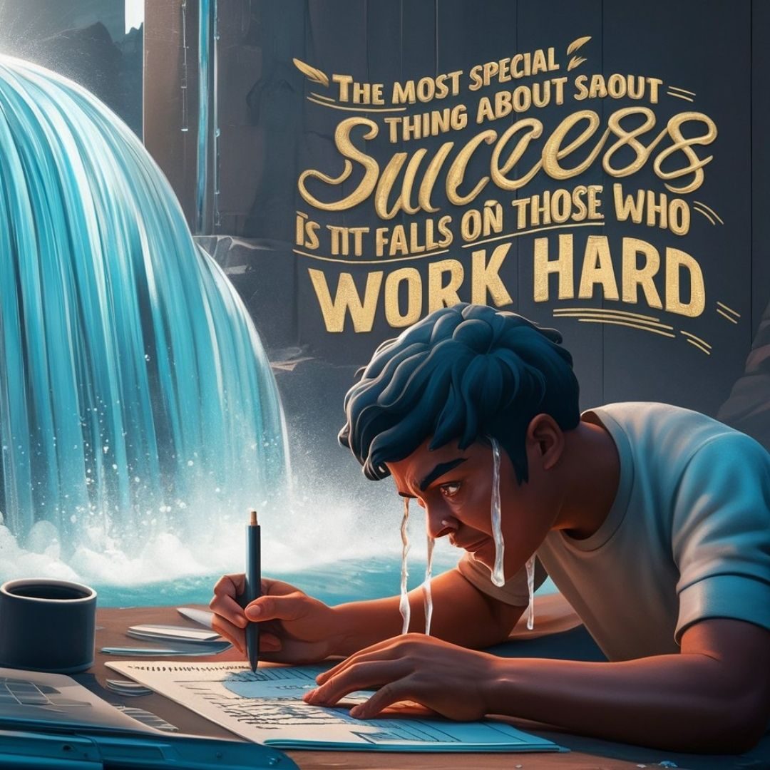 An inspiring 3D render illustration of a determined individual working diligently, sweat pouring down their face as they focuson a project. The background shows a cascading waterfall, symbolizing the hard work and perseverance required. Above the scene, a stylized typography emphasizes the quote, "The most special thing about success is that it falls on those who work hard." The overall ambiance is motivational and empowering, encouraging viewers to strive for their goals., typography, 3d render, illustration. Motivational