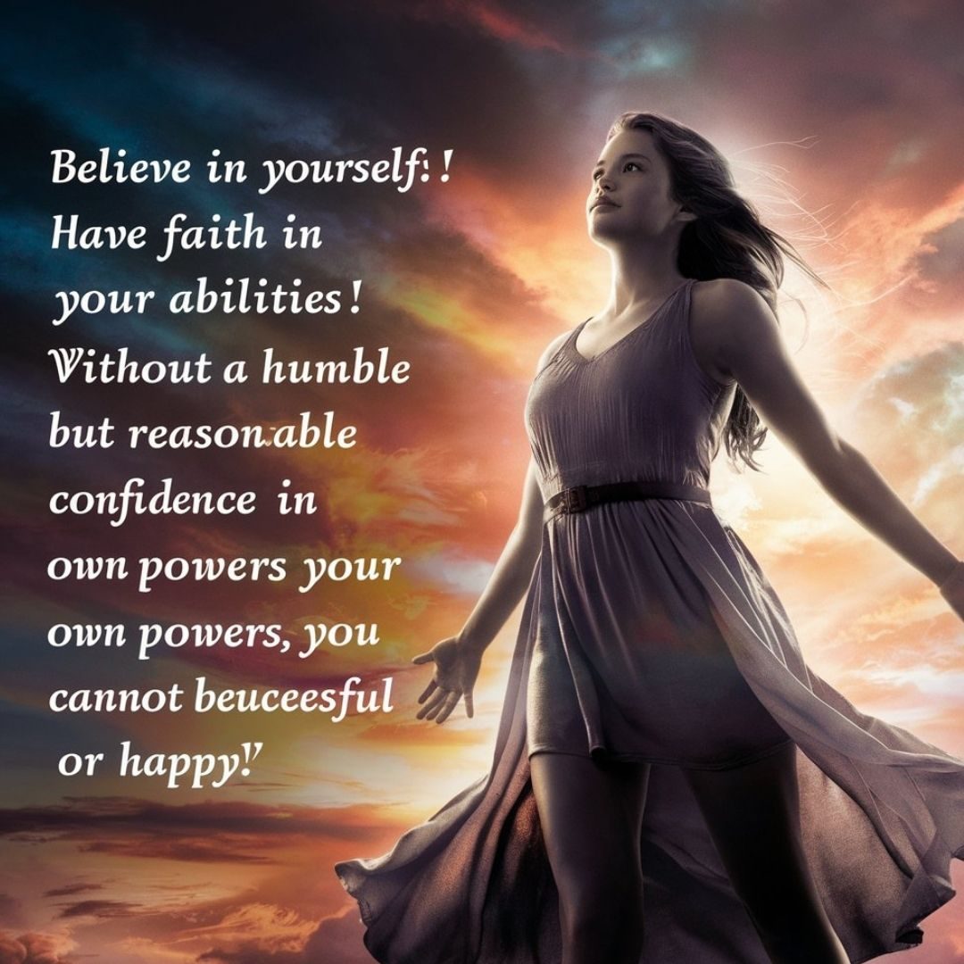 A powerful and inspiring image of a young woman standing tall, gazing confidently into the distance. She is wearing a flowing dressand has her arms outstretched, as if embracing the world. The sky behind her is filled with vibrant colors, symbolizing the limitless possibilities that lie ahead. The quote, "Believe in yourself! Have faith in your abilities! Without a humble but reasonable confidence in your own powers you cannot be successful or happy." is displayed in elegant font, reinforcing the message of self-belief and optimism. Motivational