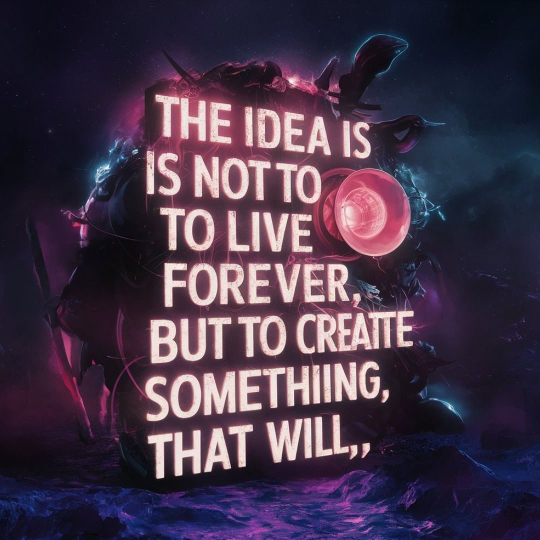 The idea is not to live forever, but to create something that will., 3d render, dark fantasy, vibrant, typography. Motivational