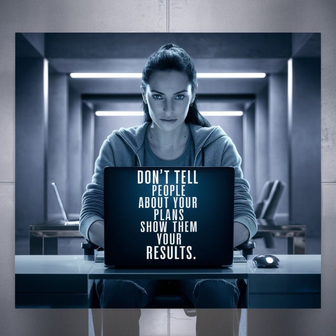 A striking image featuring a woman with a laptop displaying the text "Don't tell people about your plans. Show them your results." She is dressed in casual attire with a determined expression, sitting in a modern, minimalist office space. The background is a blend of grey and blue tones, creating a sense of focus and productivity. The overall ambiance of the photo is empowering and motivational.