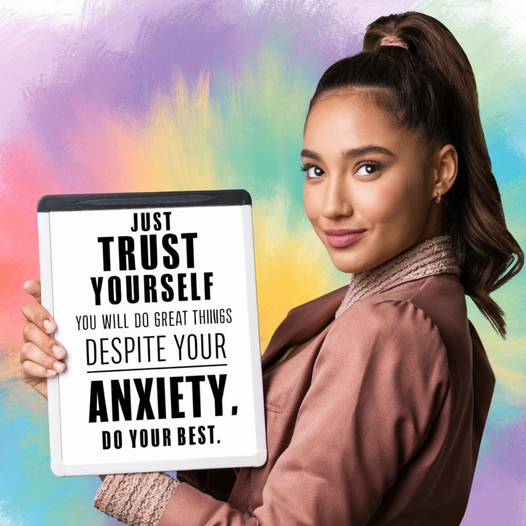 A motivational image featuring a confident young woman looking into the camera, her eyes conveying a message of strength and resilience. She wears a stylish outfit, holding a whiteboard with the words "Just Trust Yourself You Will Do Great Things Despite Your Anxiety, Do Your Best". The background is a vibrant blend of pastel colors, creating a sense of positivity and encouragement. Motivational