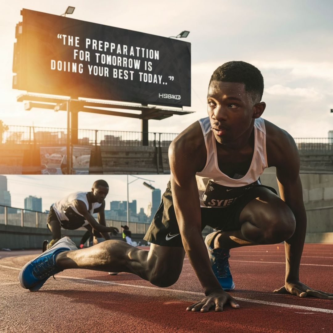 A captivating photo of a young athlete preparing for a marathon, sweating it out under the warm sunlight. He is seen stretching and doing warm-up exercises on a paved track. His determination and focus are evident as he looks ahead, with a quote on a nearby billboard reading: "The preparation for tomorrow is doing your best today." The background reveals a city skyline, and the atmosphere is one of hard work, dedication, and optimism. Motivational