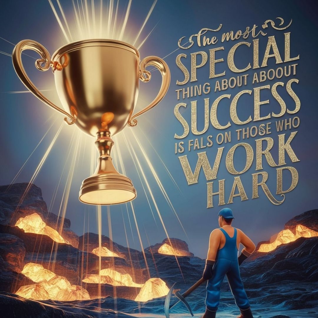 A striking 3D render illustration of a personified success, represented as a radiant golden trophy, descending from the sky. It isfalling gracefully towards a hardworking individual, symbolized by a determined-looking person wearing blue overalls and holding a pickaxe. The background features a vast, rocky landscape with glowing mines, representing the hard work and effort put in. The typography of the quote, 'The most special thing about success is that it falls on those who work hard' is elegantly written in bold, metallic letters, adding a touch of sophistication to the overall design., typography, illustration, 3d render. Motivational