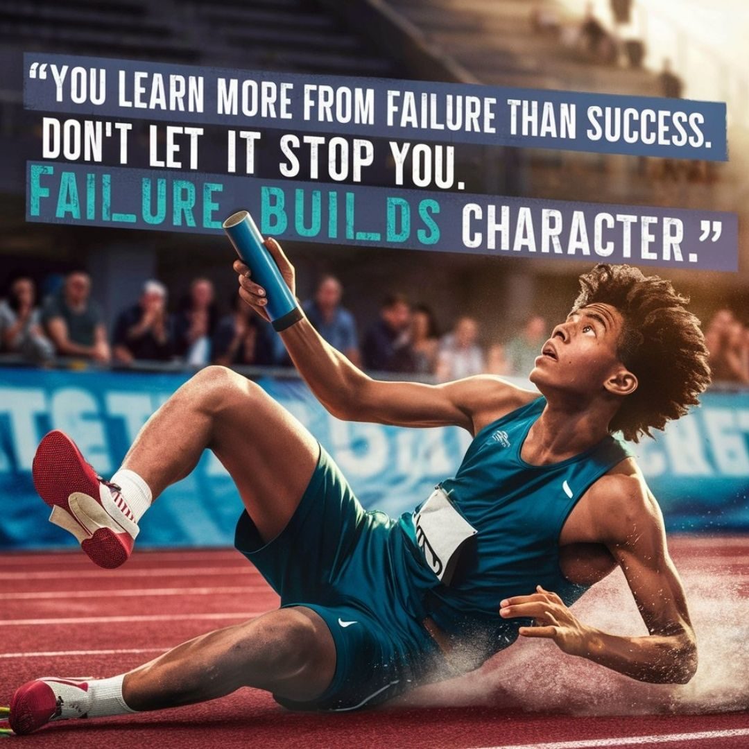 A powerful and inspiring image of a young athlete falling during a race. He is not defeated, though, as he looks up with a determined expression, holding onto the baton in his hand. The background shows the stadium with spectators, and a quote is displayed on a banner: "You learn more from failure than from success. Don't let it stop you. Failure builds character." The overall ambiance is uplifting and motivational, encouraging resilience and perseverance in the face of adversity. Motivational