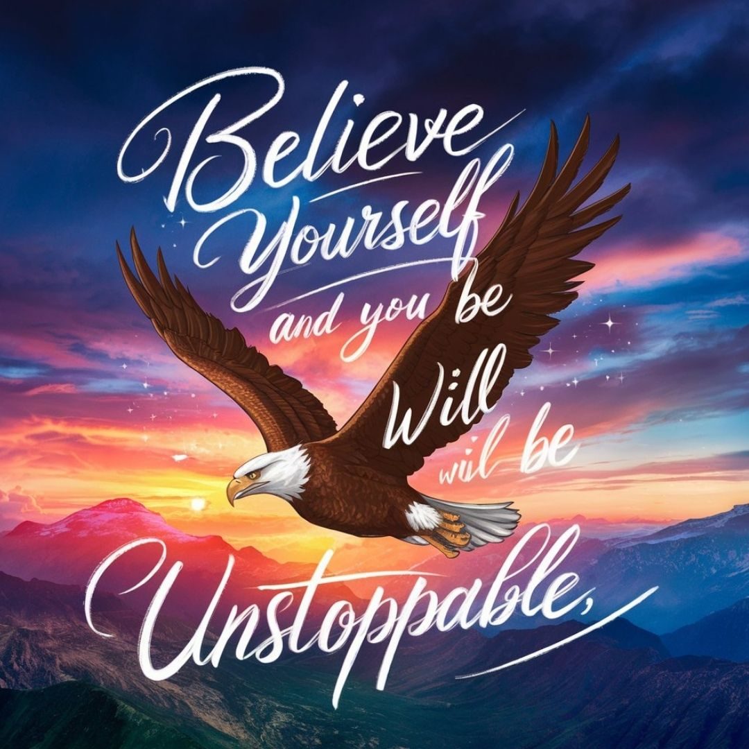 A stunning digital illustration of a majestic eagle soaring high above a breathtaking landscape, with the words "Believe in yourself,and you will be unstoppable" written in elegant calligraphy across the sky. The eagle's wings are spread wide, and it is surrounded by a vibrant, colorful sunset. The quote serves as an empowering reminder to embrace one's own potential and strength. Motivational