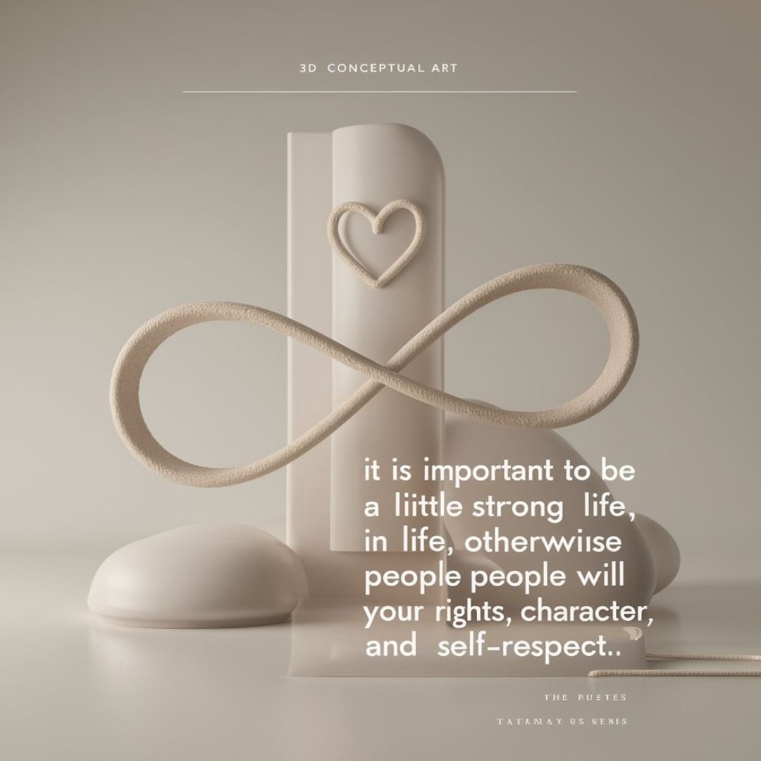 A captivating 3D conceptual art piece, featuring a minimalist design with a delicate heart icon and an infinity symbol intertwined.The quote, "It is important to be a little strong in life, otherwise people will trample your rights, character, and self-respect," is written in a simple, elegant font. The color scheme is predominantly neutral, with soft grays and beiges, creating a serene and reflective atmosphere. motivational