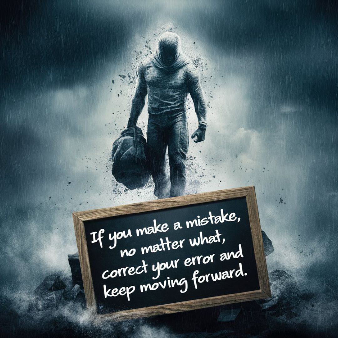 A powerful, inspiring image of a determined figure, standing tall amid a stormy backdrop. The figure, a symbol of resilience, is depictedin mid-stride, carrying a heavy burden. In the foreground, a chalkboard with the phrase "If you make a mistake, no matter what, correct your error and keep moving forward" serves as a reminder to persevere through life's challenges. The overall atmosphere is one of strength and determination, with an underlying message of hope and resilience. Motivational