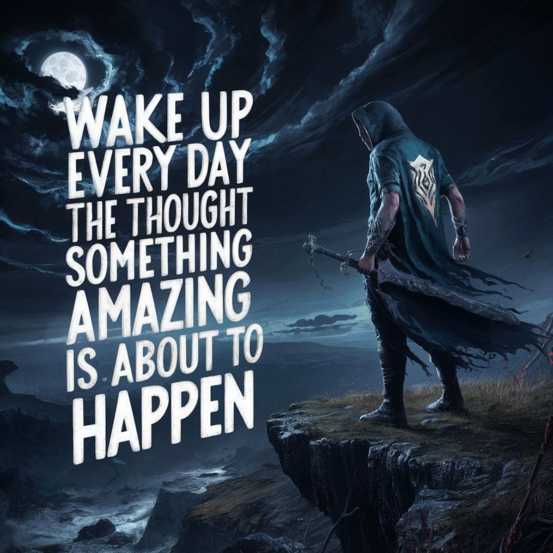 A striking 3D render of a dark fantasy scene, where a mysterious figure stands on a cliff overlooking a treacherous landscape. The skyis filled with swirling dark clouds, and the moon casts a eerie glow on the terrain below. The figure wears a hooded cloak with a distinctive emblem, and holds an ancient-looking weapon. In the foreground, the words 'Wake up every day with the thought that something new amazing is about to happen' are boldly written in a stylized, cinematic font. The overall atmosphere of the illustration is suspenseful and inspiring, with a touch of supernatural magic., cinematic, dark fantasy, typography, illustration, 3d render. Motivational