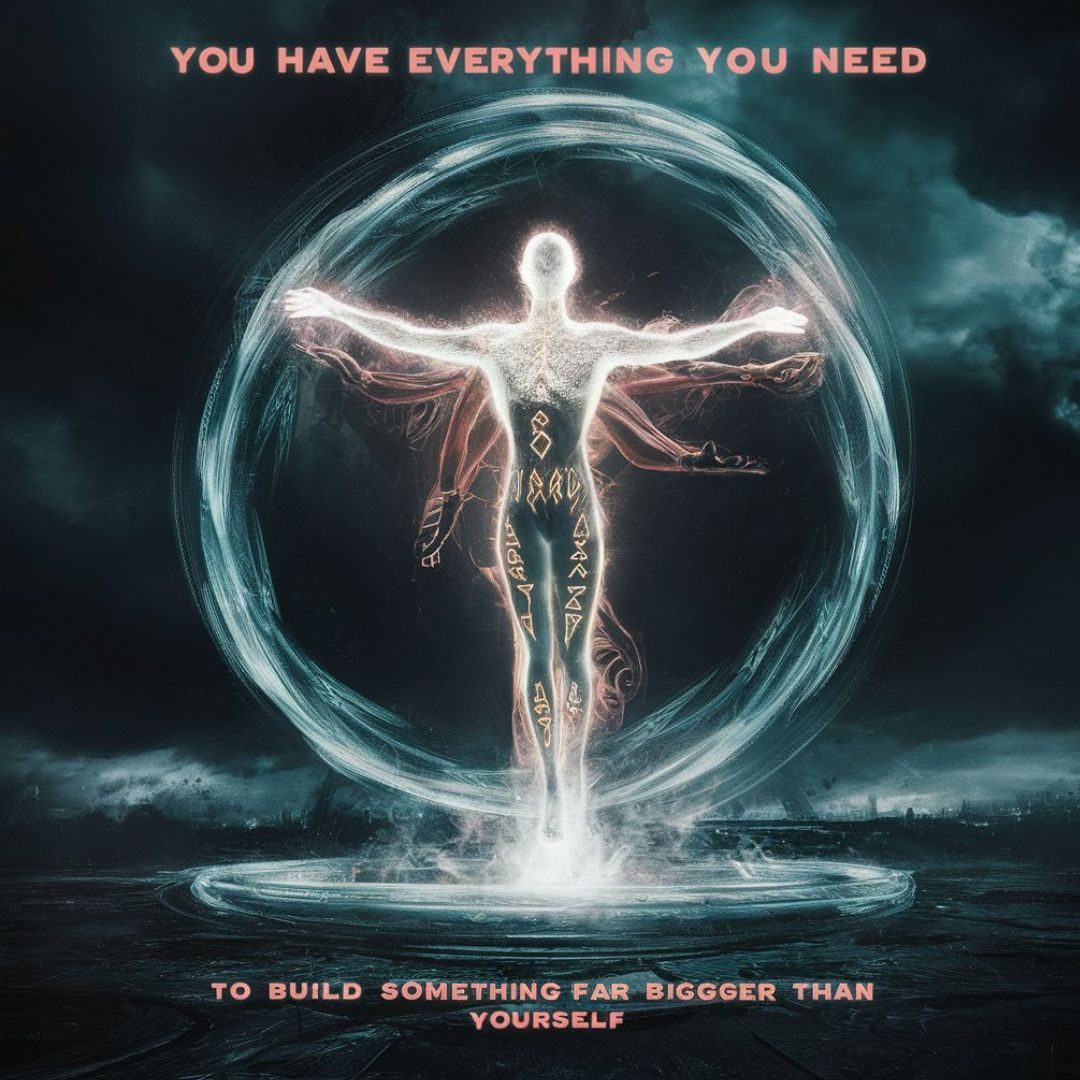 A striking 3D render of a mystical, dark fantasy scene. A glowing, ethereal figure stands tall, with arms outstretched, surrounded by a swirling vortex of energy. The figure appears to be made of light, with intricate, glowing runes adorning its body. Above the figure, the words "You have everything you need" are displayed in bold, vibrant typography. Below the figure, the text "to build something far bigger than yourself" is visible. The background is a dark, stormy sky, with ominous clouds and a hint of cityscape in the distance, suggesting the vastness of the task at hand., vibrant, conceptual art, typography, dark fantasy, 3d render. Motivational