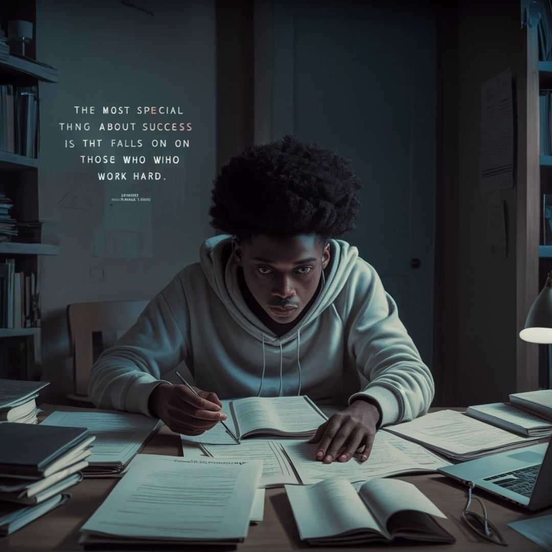 A stunning image of a hardworking individual at their desk, surrounded by books, papers, and a laptop. They are intently focused on their work, with a glimmer of determination in their eyes. The room is dimly lit, giving it a studious atmosphere. There is a quote on the wall, "The most special thing about success is that it falls on those who work hard." The overall ambiance is a blend of motivation and inspiration, emphasizing the importance of perseverance and dedication. Motivational