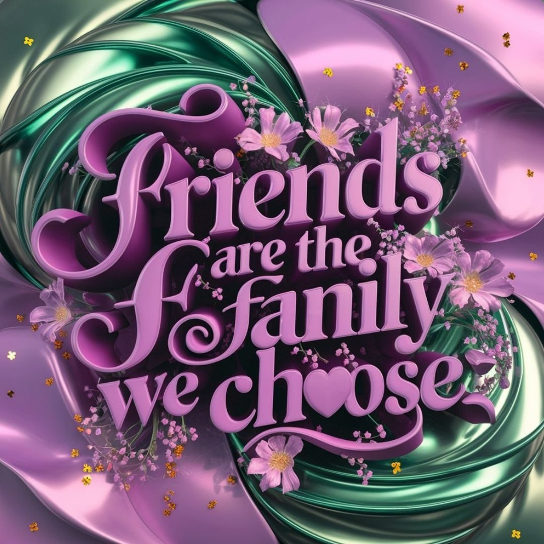 A mesmerizing 3D conceptual art piece that showcases the quote, "Friends are the family we choose." The text is written in an elegant,swirling purple font, with a small heart icon in the center. The background is a blend of captivating metallic green and lavender hues, giving the piece a magical and enchanting atmosphere. Delicate blooming flowers surround the name, and scattered throughout the design are small golden glitters, adding to the luxurious feel of the artwork. This 3D render is perfect for a poster or illustration, capturing the essence of love and appreciation for chosen family., illustration, painting, 3d render, typography. Motivational