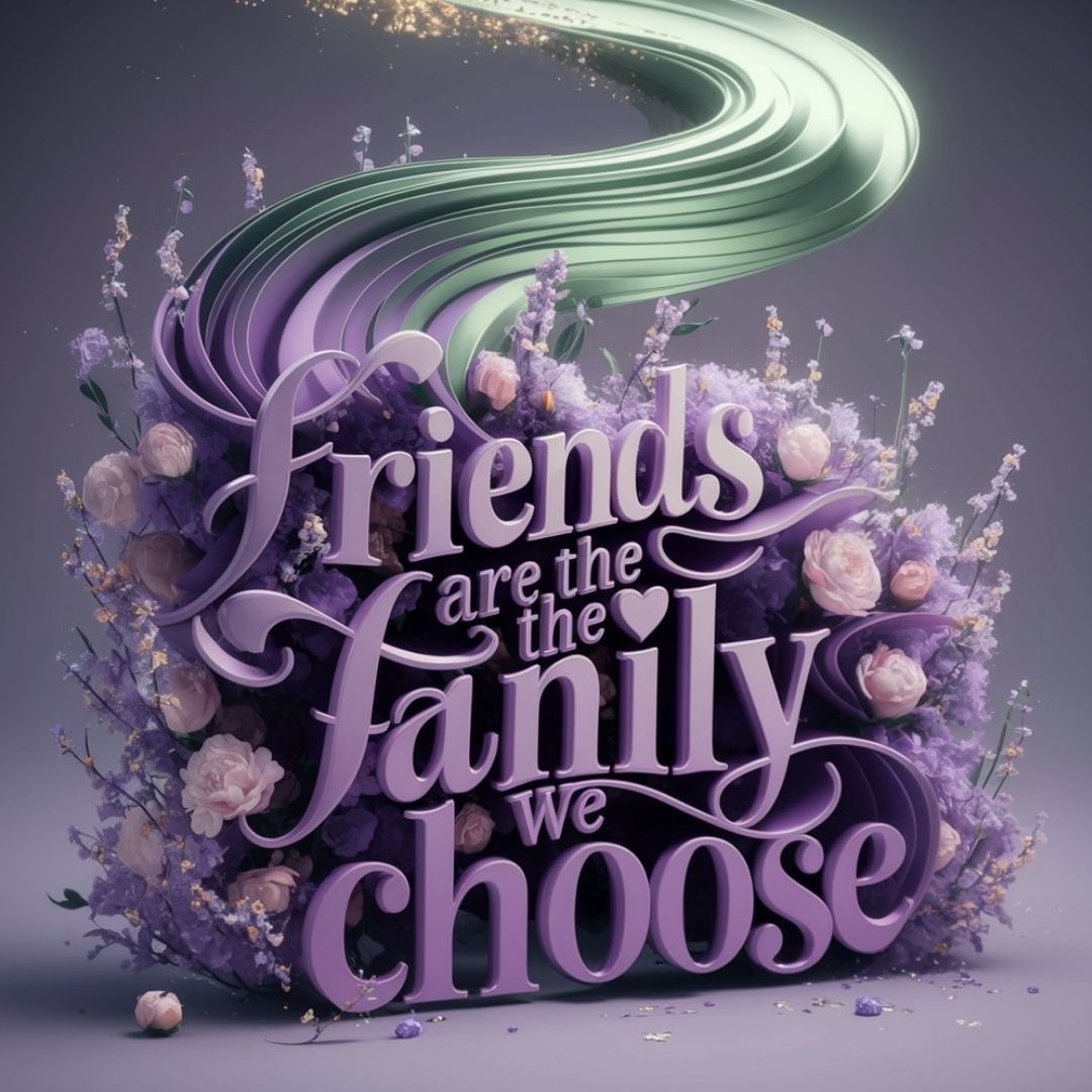 A mesmerizing 3D conceptual art piece that showcases the quote "Friends are the family we choose" in swirling, elegant purple typography. An array of delicate blooming flowers surround the name, creating a serene and enchanting atmosphere. A captivating metallic green and lavender color palette glides gracefully above, with small glitters of gold adding a touch of luxury and magic to this conceptual masterpiece. The 3D render is perfect for a poster, capturing the essence of love for a mother., 3d render, illustration, painting, typography. Motivational