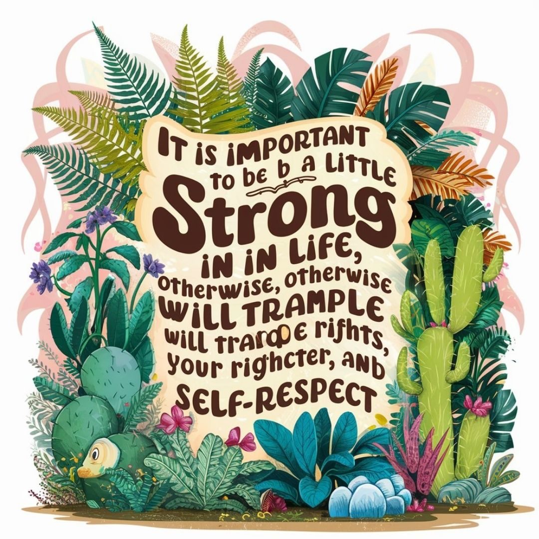 A delightful and lively illustration displaying the quote, "It is important to be a little strong in life, otherwise people will trample your rights, character, and self-respect." The quote is presented in a playful, retro font, surrounded by an array of exquisitely illustrated plants. These plants include ferns, cacti, and tropical plants, each with their own unique character. The background is a vibrant, abstract design that harmoniously complements the overall theme. The illustration exudes a cheerful and life-affirming energy, celebrating the joy of nurturing nature and the importance of personal strength., illustration. Motivational