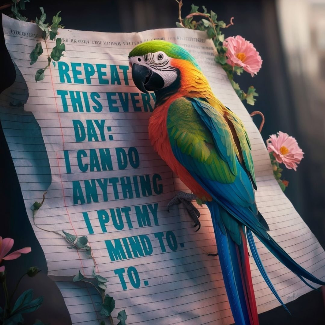 A mesmerizing hyper-realistic 3D render of a vibrant parrot perched on a large piece of lined paper. The parrot has a stunning array ofcolors, with each feather meticulously detailed. The paper features bold text, invoking a sense of motivation and self-belief: "Repeat this every day: I can do anything I put my mind to." Surrounding the parrot are realistic flowers and vines, adding a touch of natural beauty and harmony to the scene. The background is artfully blurred, giving the image a cinematic feel and drawing focus to the powerful and inspiring message it conveys. Motivational