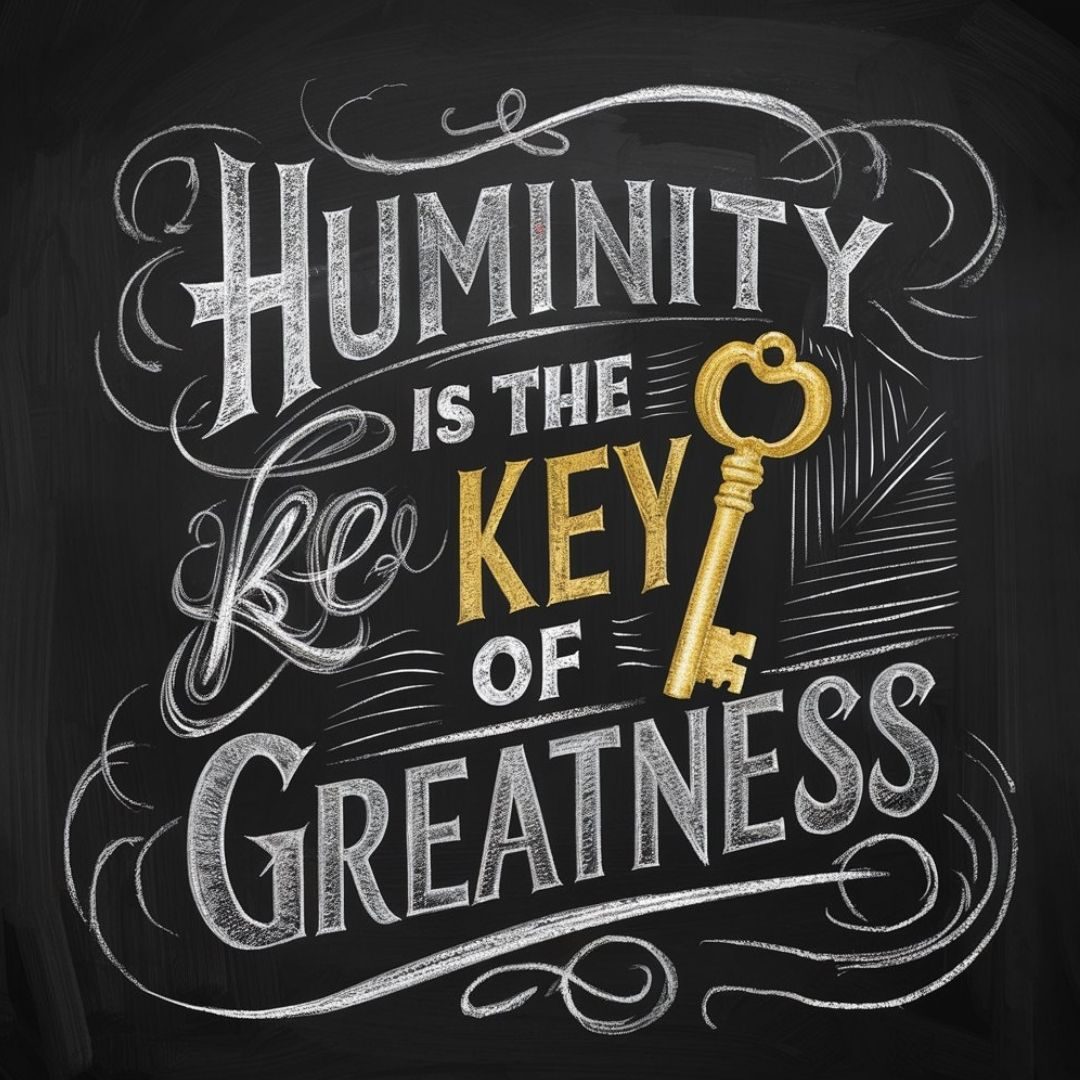 A captivating illustration of a motivational quote on a chalkboard, with the words "Huminity is the Key of Greatness" written increative, artistic typography. The chalk-like texture and swirling lines give the quote a dynamic and engaging appearance. A large, golden key stands prominently in the center, representing the unlocking of success. The artist's skill is evident in the ornate elements and intricate design, creating a sense of depth and dimension. The overall atmosphere of the illustration is inspiring and thought-provoking, encouraging viewers to consider the power of humanity in their pursuit of greatness., vibrant. Motivational