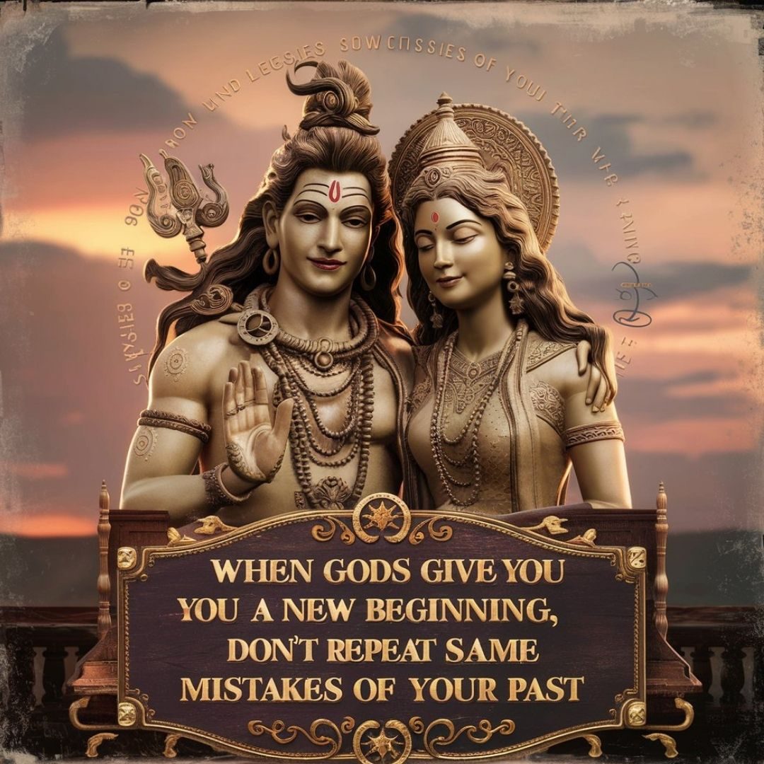 A captivating vintage-style image featuring a meticulously crafted 3D render of Lord Shiva and Goddess Parvati, exuding divine blessings. Their intricate attire and expressions convey the essence of their divine presence. An elegant quote from the sign at the bottom reads, "When Gods give you a new beginning, don't repeat the same mistakes of your past." The background showcases a warm-toned sunset with muted colors, creating a serene and inviting atmosphere. The typography complements the overall steampunk aesthetic, seamlessly blending vintage charm with modern design. The photo, 3D render, and illustration come together to create a cinematic, immersive experience that transports viewers into a world of divine wisdom and spiritual growth., typography, illustration, 3d render, cinematic, photo. Motivational