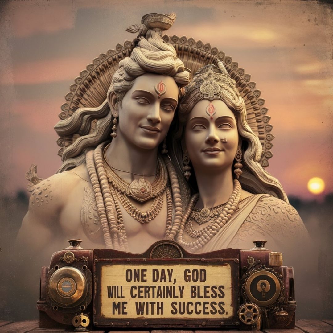 A mesmerizing vintage-style image featuring a captivating 3D render of Lord Shiv and Ma Parvati, exuding divine grace. The intricate details and textures of their attire and ornaments are meticulously crafted, creating a sense of grandeur. The quote from the sign at the bottom reads, "One day, God will certainly bless me with success." The warm-toned sunset in the background, with its muted colors, sets a serene and inviting atmosphere. The steampunk-inspired typography harmoniously blends vintage charm with modern design elements, adding to the overall cinematic appeal of the scene., 3d render, typography, illustration, photo, cinematic. Motivational