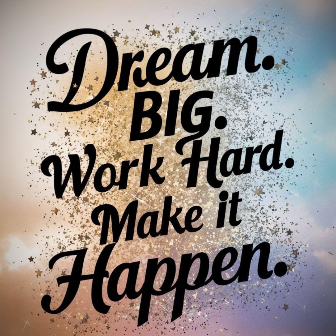 A stunning, uplifting design featuring the powerful motivational quote "DREAM BIG. WORK HARD. MAKE IT HAPPEN." in bold, cursive script, with each word interspersed with tiny, glittering stars and confetti. The words are positioned creatively on a gradient background that transitions from warm hues at the bottom to cool hues at the top, set against a soft, celestial sky. The overall effect is celebratory, encouraging, and full of positivity, inspiring viewers to chase their dreams and work towards their goals. Motivational