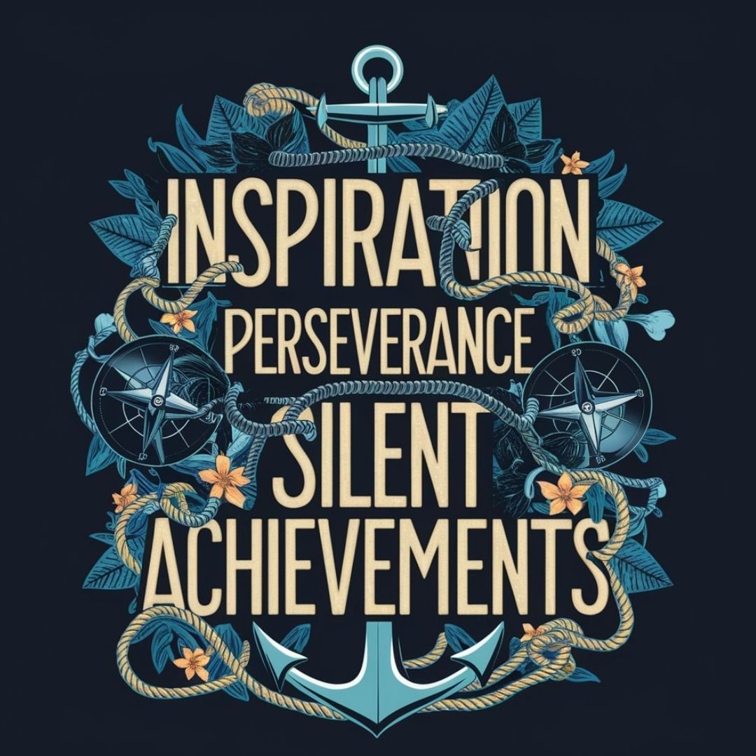 A striking and powerful image with bold typography against a dark background. The text, written in a unique and legible font, emphasizes words like "Inspiration," "Perseverance," and "Silent Achievements." Surrounding the text, there are nautical elements such as anchors, ropes, and compasses, symbolizing steadfastness and direction. Intertwined with these are nature-inspired elements like leaves, flowers, and vines, representing growth and resilience. The overall design exudes strength and determination, urging the viewer to embrace their inner strength and accomplish their goals without seeking external validation. Motivational