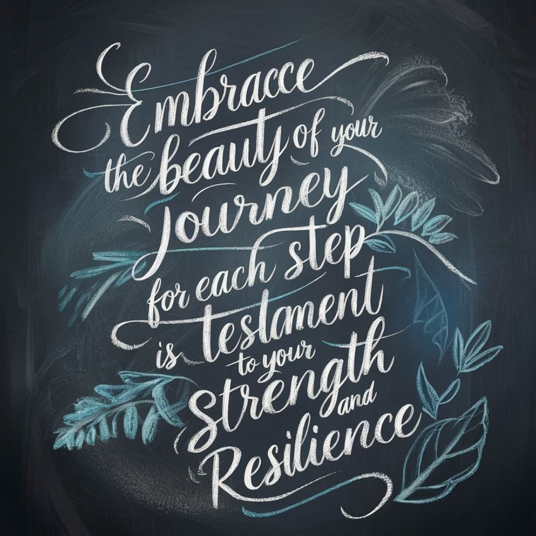 A mesmerizing chalkboard-style artwork with an inspiring quote that reads, "Embrace the beauty of your journey, for each step is a testament to your strength and resilience." The quote is written in elegant, swirling script, with a subtle gradient of blues and grays. In the background, there are abstract chalk drawings of nature elements, such as leaves and flowers, intertwined with the words of the quote, adding depth and visual interest to the piece. Motivational