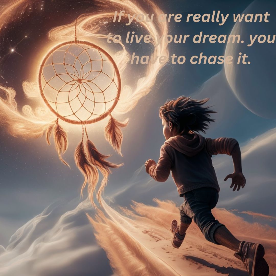 A stunning 3D render of a young, determined individual running towards a brightly glowing, ethereal dreamcatcher suspended in the sky.The dreamcatcher is surrounded by a swirling nebula of stars, emitting a warm, golden light. The character's face is not visible, but their intense focus and the wind in their flowing hair convey their passion for chasing their dreams. The background consists of a vast, star-filled sky with a distant planet visible in the distance., 3d render. Motivational