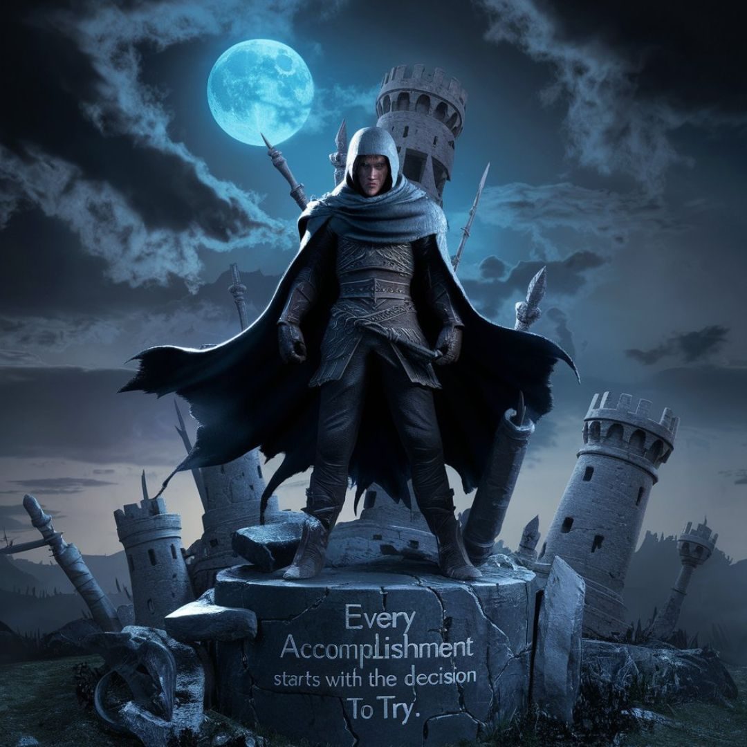 A striking 3D render of a dark fantasy scene, featuring a determined figure standing atop a broken tower. The character, enveloped in shadows and wearing mysterious armor, is surrounded by the remnants of a once-great kingdom. The sky is filled with sinister clouds, and an intense blue moon casts a chilling light over the landscape. The words "Every accomplishment starts with the decision to try." are inscribed on a cracked stone pedestal, signifying the importance of taking that first step., 3d render, dark fantasy. Motivational