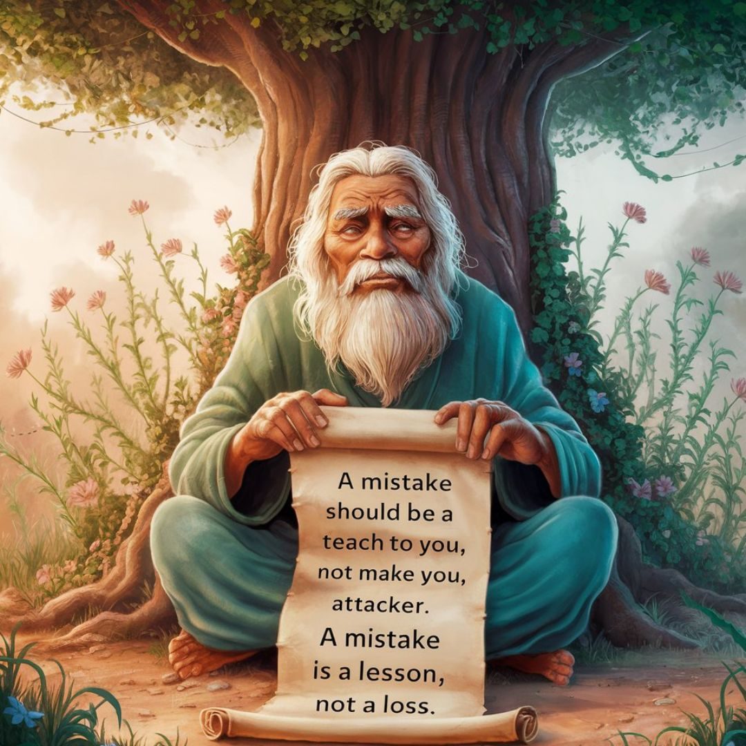 An inspiring illustration of an elder wise man sitting under a tree with a serene, almost meditative expression. The man is holding a scroll with the quote, "A mistake should be a teach to you, not make you attacker. A mistake is a lesson, not a loss." The tree behind him is surrounded by flourishing plants and flowers, symbolizing growth and renewal. The atmosphere is peaceful, with a gentle breeze and warm sunshine. Motivational