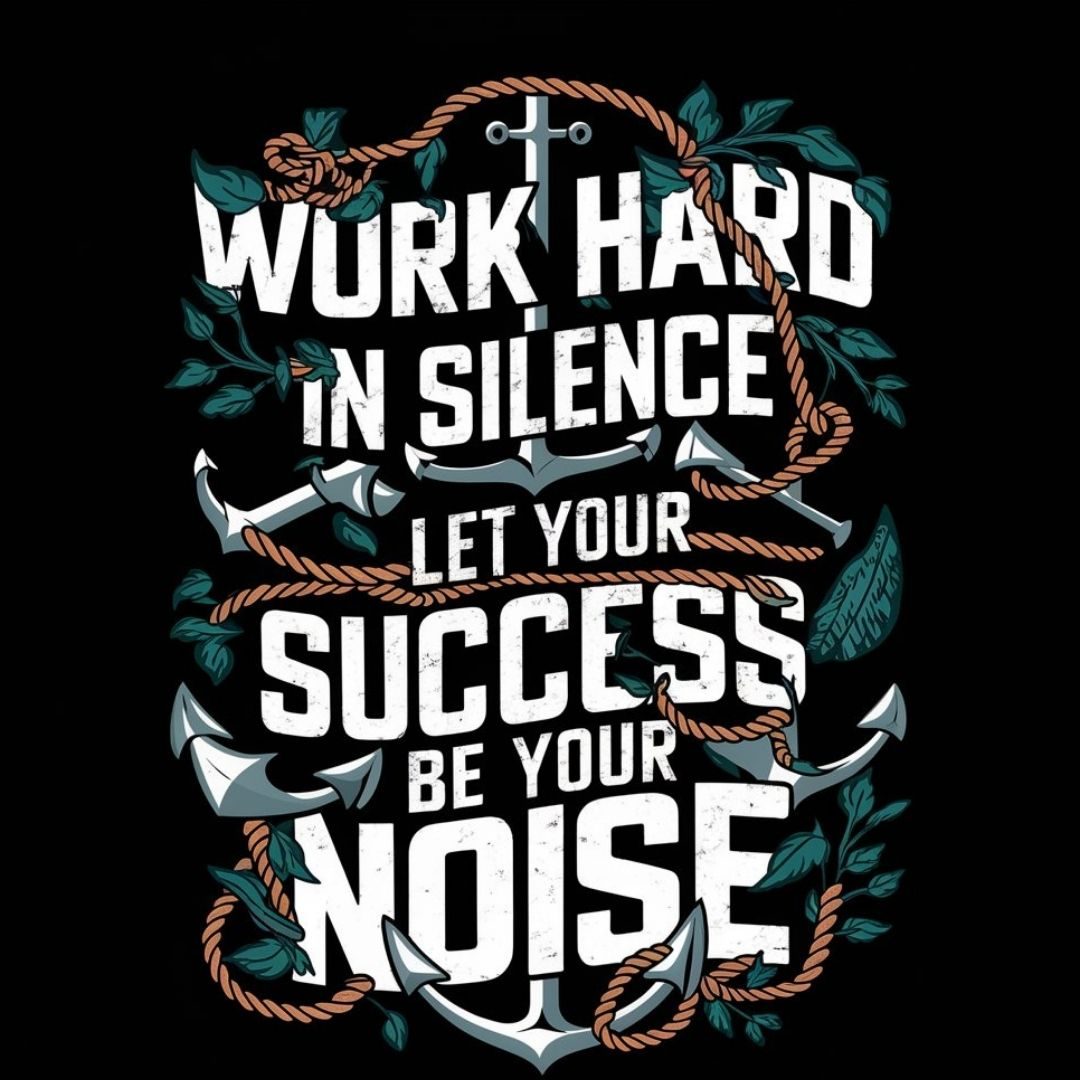 An inspiring and powerful image with a dark background, featuring bold typography that reads "Work hard in silence, let your successbe your noise." The design elements incorporate various nautical elements, such as anchors and rope, representing strength and stability. Intertwined with these nautical elements are nature-inspired motifs, like leaves and branches, symbolizing growth and resilience. The overall aesthetic evokes a strong sense of determination, perseverance, and the idea that true success comes from within, needing no external validation or praise. Motivational