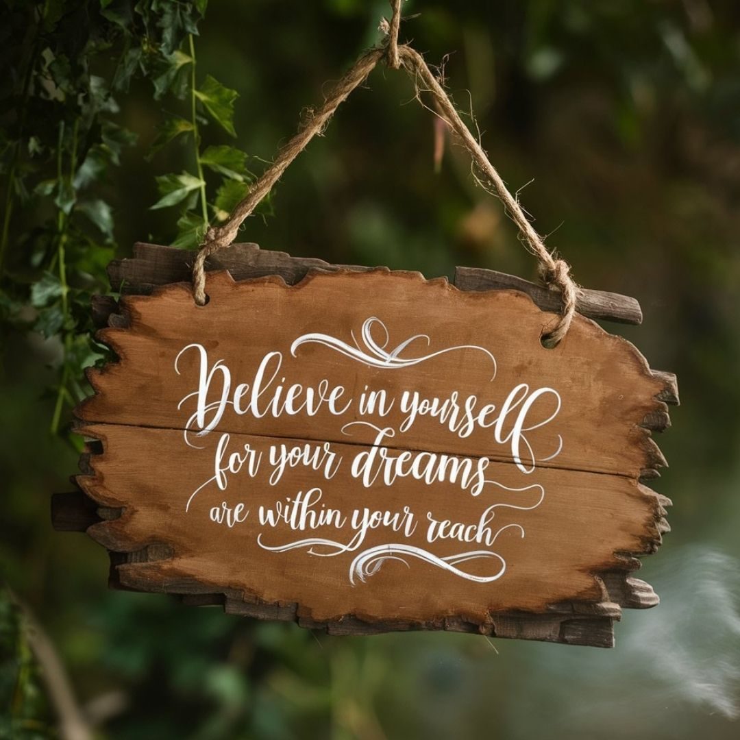 A stunning photograph of a rustic wooden signboard, meticulously painted with an inspiring quote. The signboard is suspendedby a jute rope against a backdrop of lush greenery, adding a touch of rustic charm. The quote, written in elegant calligraphy, reads "Believe in yourself, for your dreams are within your reach." A gentle breeze is visible, causing the signboard to sway slightly, creating a serene atmosphere. Motivational