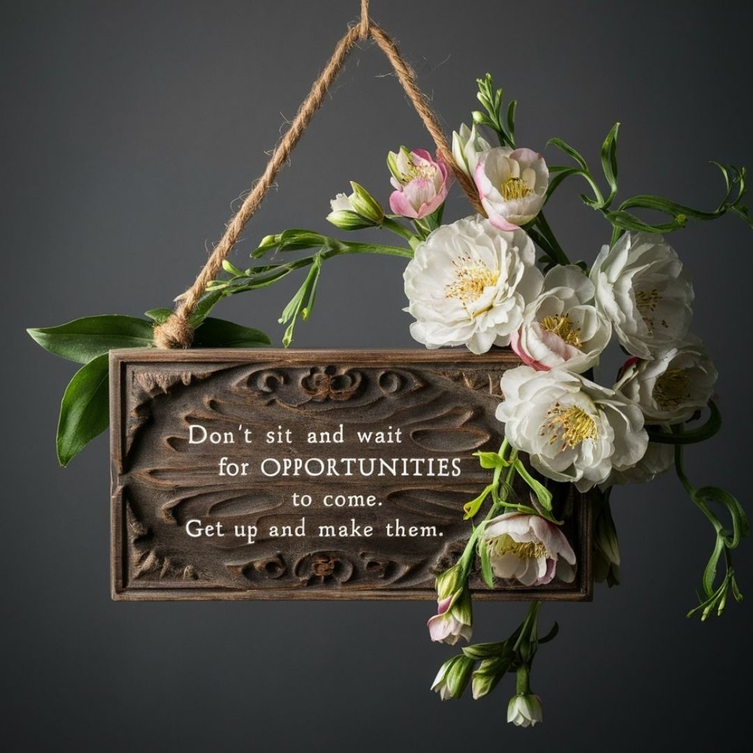 A captivating photograph of a rustic wooden signboard suspended by a jute rope, showcasing an inspiring quote. The intricatelycarved signboard features an elegant font, displaying the message 'Don't sit and wait for opportunities to come. Get up and make them.' The right side of the signboard is adorned with exquisite white flowers, their delicate pink buds intertwining with vibrant green leaves. The background is a dark grey hue, emphasizing the beauty of the signboard and its floral adornments, creating a perfect blend of vintage and modern aesthetics. Motivational