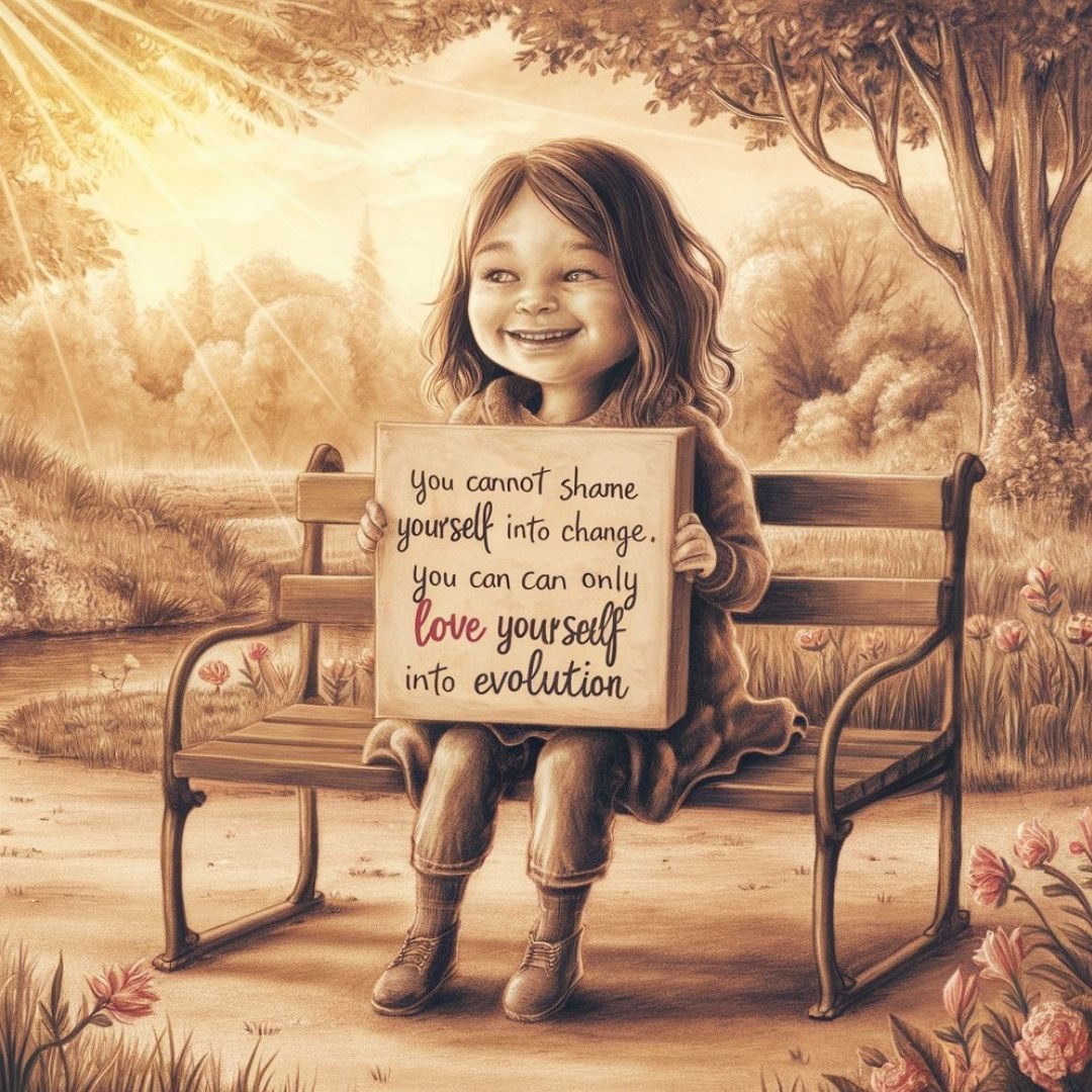 A heartwarming and inspiring pencil drawing of a young girl seated on a park bench, surrounded by the beauty of nature. She is holding a sign with the empowering quote, "You cannot shame yourself into change, you can only love yourself into evolution." Her expression exudes happiness, while she is bathed in the warm, golden sunlight. The background is a serene and picturesque landscape, featuring lush trees, vibrant flowers, and a tranquil pond. The overall atmosphere of this drawing is peaceful and uplifting, inspiring viewers to embrace self-love and personal growth. Motivational