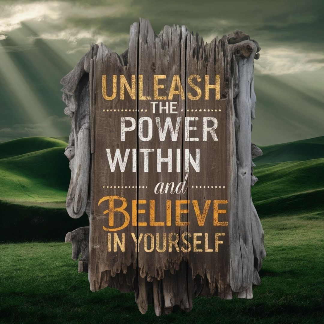 A nostalgic and captivating photograph of a weathered wooden sign, featuring a motivational quote inscribed with varying sizes and fonts. The worn, rustic wood adds warmth and depth to the image. The text reads, "Unleash the power within and believe in yourself." The background is a serene scene of rolling green hills, with rays of sunlight breaking through the clouds. The overall atmosphere is inspiring and uplifting. Motivational