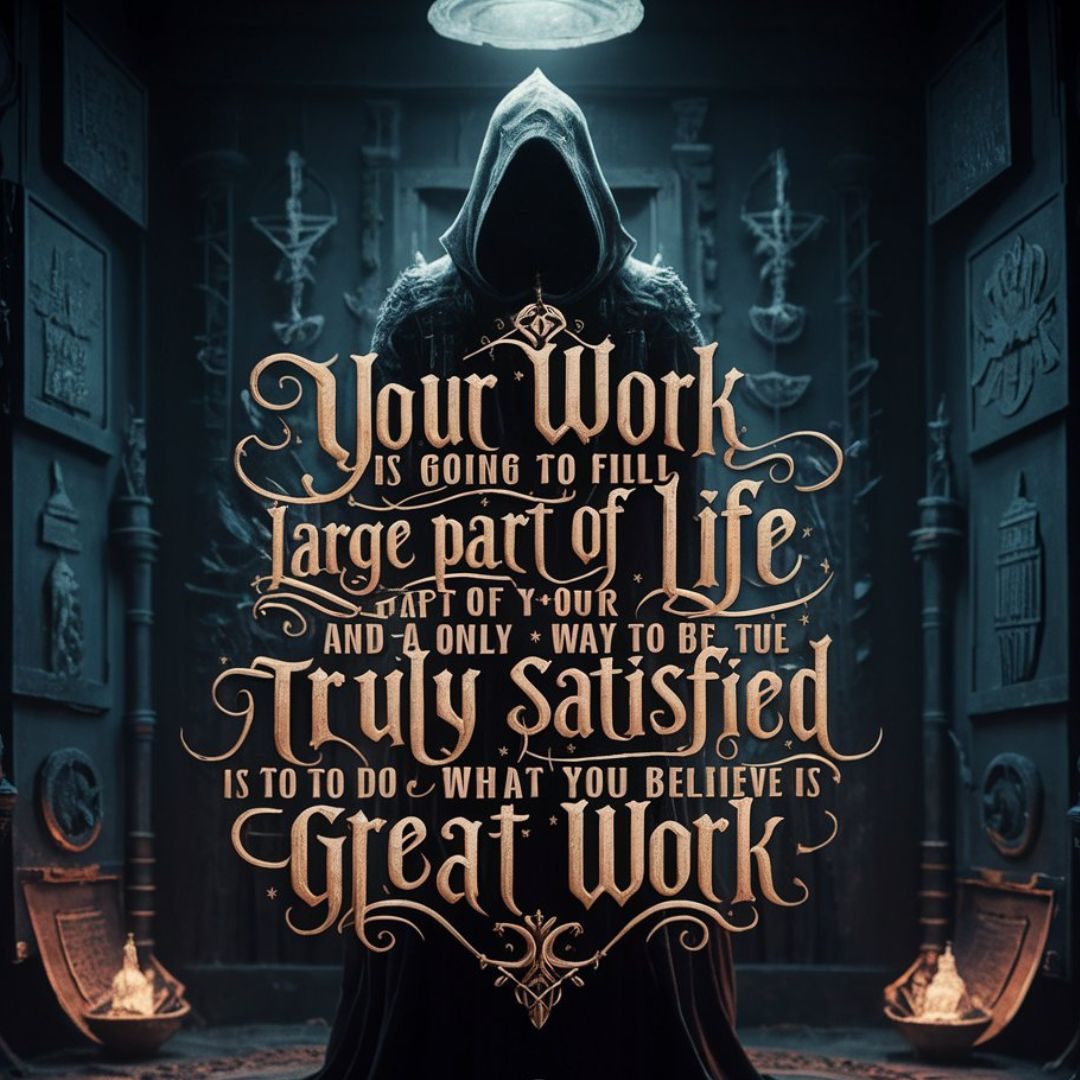 A dark fantasy-inspired 3D render of a mysterious, hooded figure standing in a dimly lit room. The figure is surrounded by varioussymbols and artifacts, suggesting the pursuit of knowledge and wisdom. In the foreground, the quote "Your work is going to fill a large part of your life, and the only way to be truly satisfied is to do what you believe is great work." is displayed in elegant, gothic typography, adding depth to the message. The atmosphere is both eerie and captivating, inviting the viewer to ponder the meaning of true fulfillment in one's work., 3d render, dark fantasy, typography