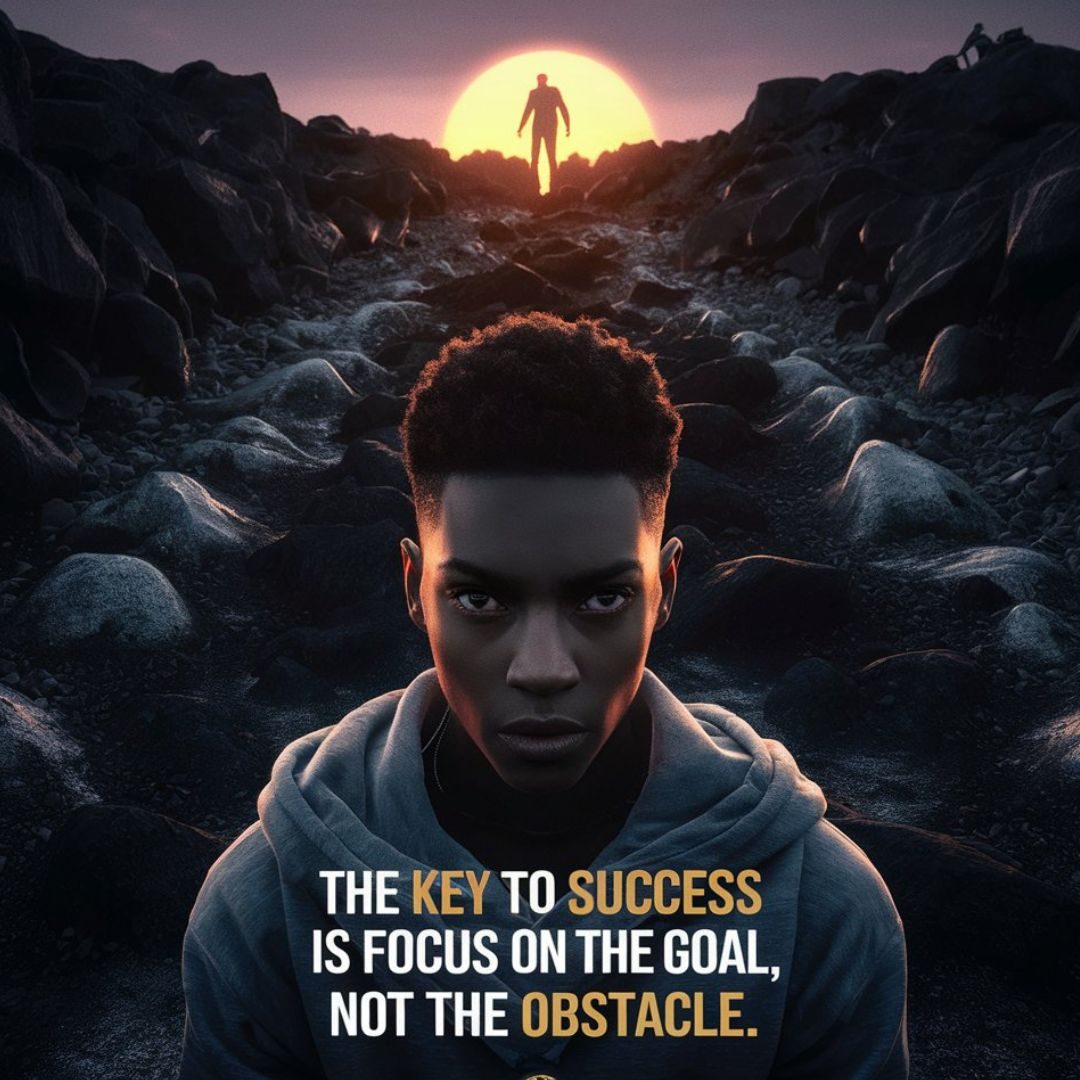 A powerful and inspiring image of a determined individual staring intently at a distant goal, while a dark, rocky path filled with obstacles lies behind them. They are silhouetted against the backdrop of a setting sun, casting a warm glow on their focused face. A quote in bold letters reads, "The key to success is to focus on the goal, not the obstacle." The overall ambiance of the image is one of resilience, determination, and hope. Motivational