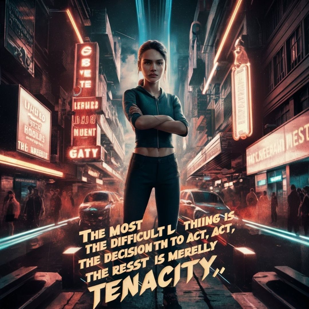 A stunning 3D render of a young, determined woman standing confidently with her arms folded. She is surrounded by a cityscape thatis both futuristic and retro, with neon lights and vintage signs. The city is bustling with life, and the woman appears to be a beacon of inspiration amidst the chaos. The quote "The most difficult thing is the decision to act; the rest is merely tenacity." is inscribed in bold, dynamic letters at the bottom, emphasizing the theme of perseverance and courage., 3d render. Motivational