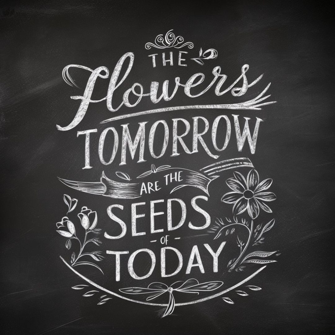 A captivating chalkboard-style artwork featuring a motivational quote, 'The flowers of tomorrow are the seeds of today.