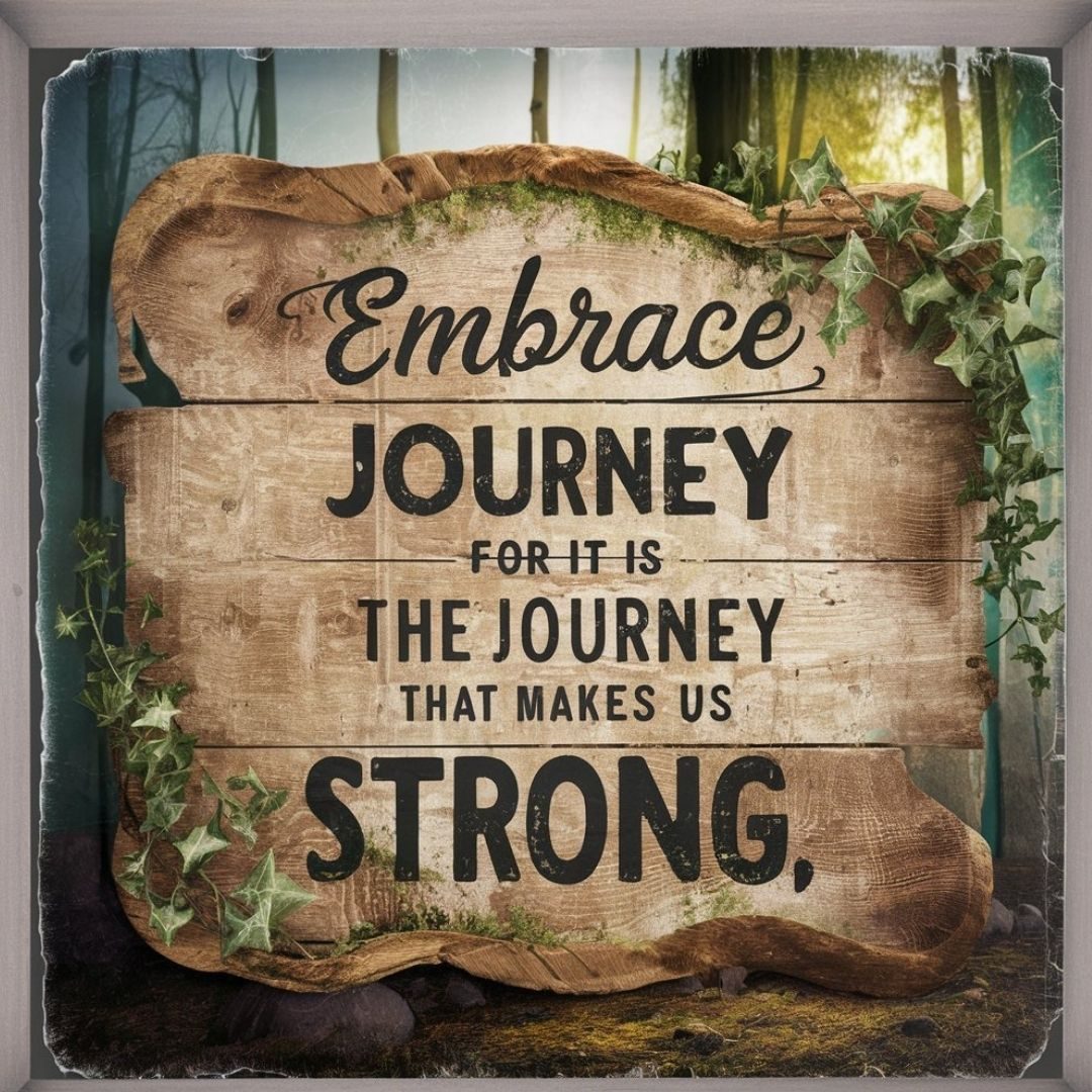 A captivating vintage photograph of a weathered wooden sign, adorned with rustic charm and natural elements like moss and ivy.The sign displays a motivational message in bold, cursive letters: "Embrace the journey, for it is the journey that makes us strong." The background features a serene forest scene, with sunlight filtering through the trees and casting dappled light on the scene. Motivational