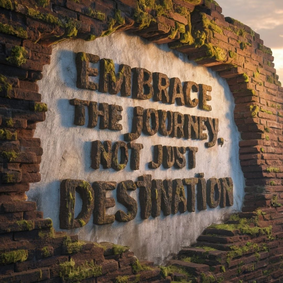 A stunning 3D render of a weathered, historical brick wall adorned with a rough, hammer-carved motivational quote. The wallis textured with moss and age, giving it an ancient and mysterious appearance. The quote, "Embrace the journey, not just the destination," is chiseled into the wall in bold, cursive letters. The background reveals a soft, golden sunset that casts a warm glow on the wall, making the words stand out and the scene feel immersive., photo, painting, 3d render, poster. Motivational