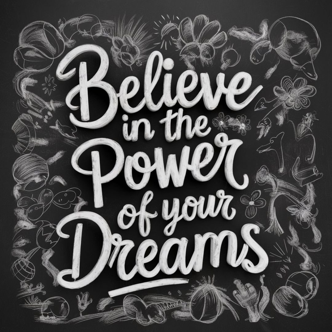 A stunning 3D render of a chalkboard-style artwork, featuring a motivational quote that stands out in bold, cursive letters. The quotereads "Believe in the power of your dreams." Surrounding the quote, there are assorted doodles and sketches of various shapes, flowers, and animals in a whimsical style. The overall effect of the piece is uplifting and inspiring, with a sense of creativity and freedom., painting, 3d render. Motivational