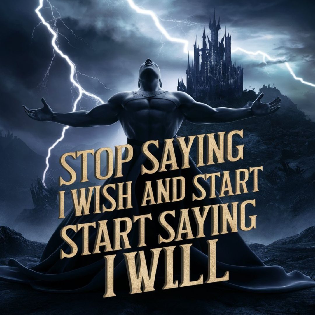 A striking 3D render illustration set in a dark fantasy world, featuring a powerful character in silhouette with their arms wide open. In front of them, the text 'Stop saying I wish and start saying I will' is prominently displayed in bold, gothic typography. The background is a dramatic, stormy sky with bolts of lightning and a menacing castle perched atop a hill. The overall atmosphere is cinematic and empowering, encouraging viewers to take control of their destinies., illustration, 3d render, typography, dark fantasy, cinematic. Motivational