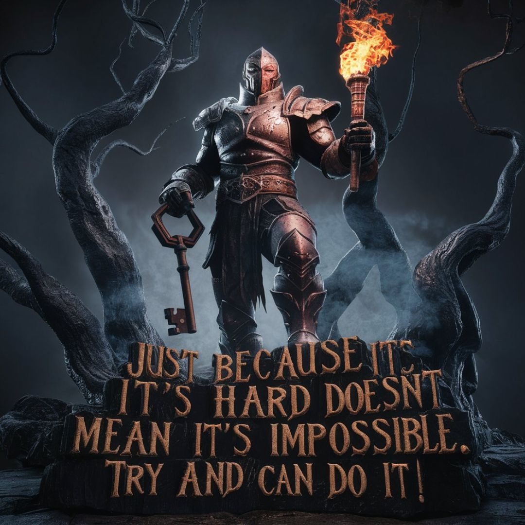 A striking 3D render of a dark fantasy scene, with a strong, armored figure standing tall amidst twisted, gnarled trees and eerie mist.The character holds a burning torch in one hand and clutches a large, menacing key in the other. The typography is bold and dramatic, with the words "Just because it's hard doesn't mean it's impossible. Try And You can do it!" written in a gothic font, as if etched into the dark stone beneath the character's feet., 3d render, dark fantasy, typography. Motivational