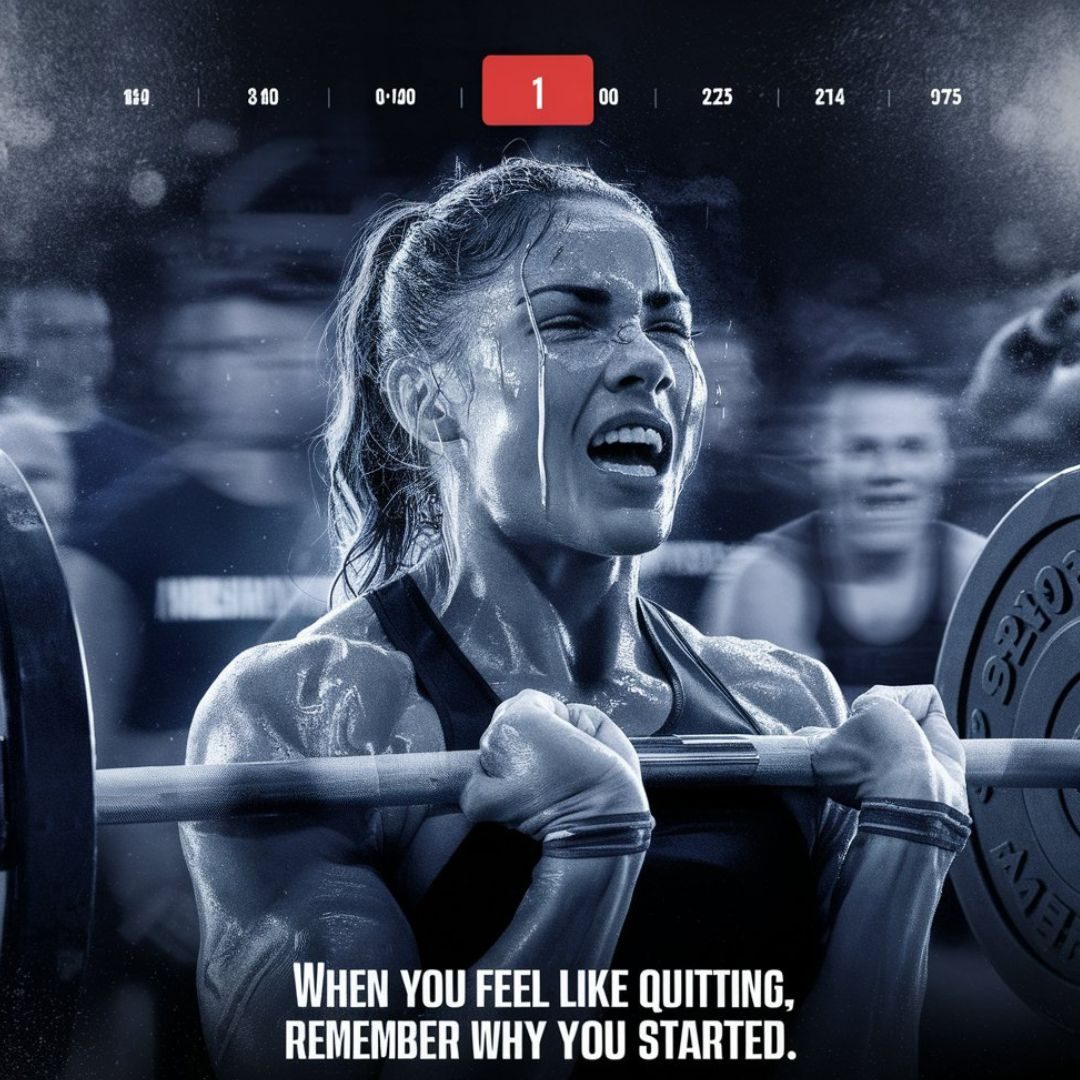 A powerful, motivational image of a female athlete mid-workout, sweat pouring down her face. She is lifting a barbell with determination, her muscles straining. The background is a blur of motion and supporting crowd members, with a countdown timer at 1 second remaining. The image is accompanied by a quote, "When you feel like quitting, remember why you started." The overall tone is one of resilience, perseverance, and personal triumph. Motivational