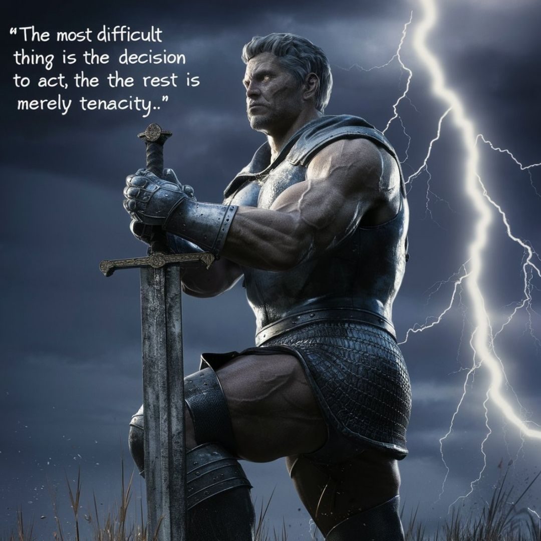 A powerful 3D render of a muscular man, symbolizing the embodiment of tenacity. He stands tall, clad in a suit of armor, holding a battle-worn sword. His face is etched with determination, reflecting the quote, "The most difficult thing is the decision to act; the rest is merely tenacity." The background features a dark, stormy sky, with lightning bolts striking the ground and casting dramatic shadows. The scene exudes strength, resilience, and an unwavering spirit to overcome adversity., 3d render. Motivational