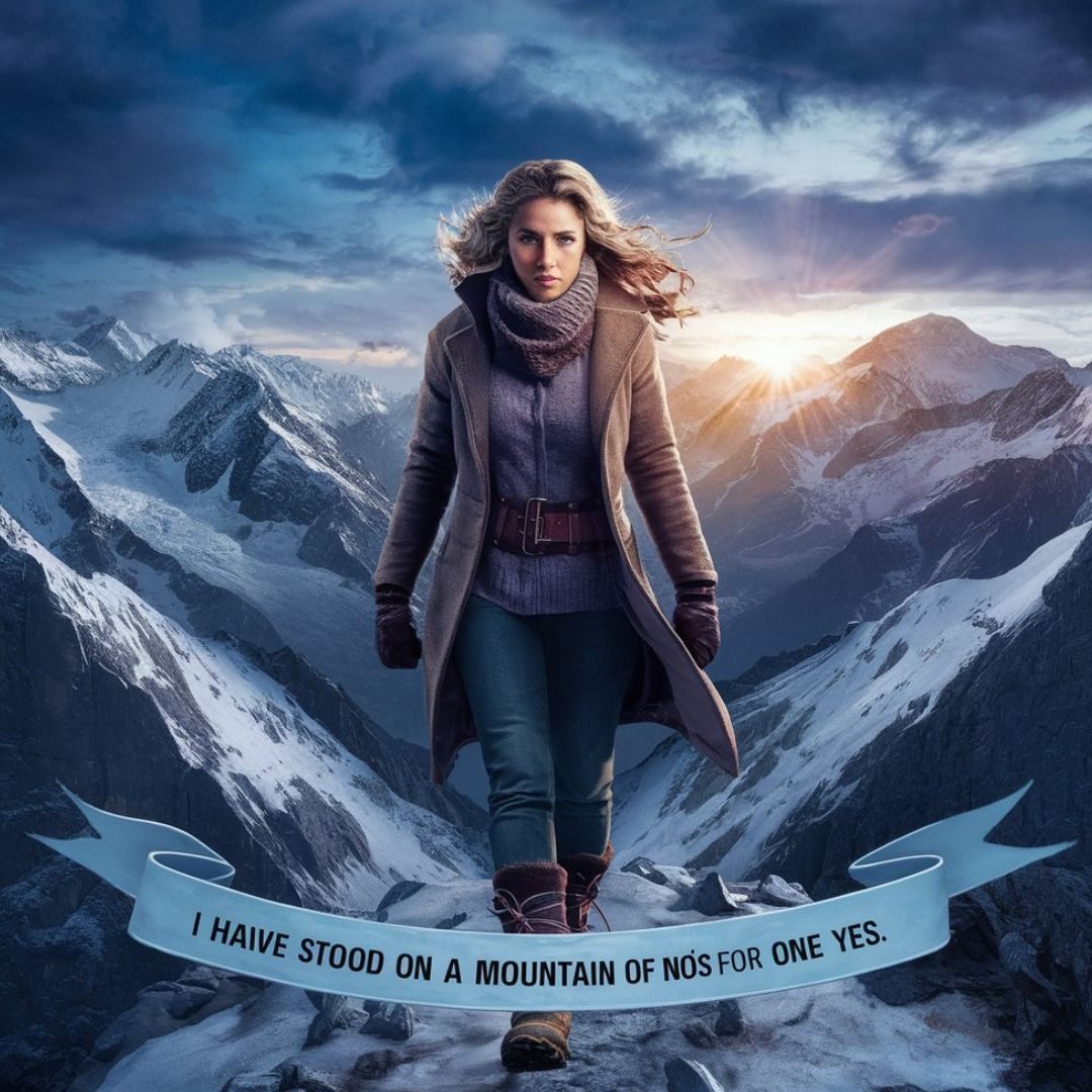 A powerful and inspiring photograph of a determined woman standing atop a mountain range, surrounded by snow-capped peaks. She is wearing a warm coat, scarf, and boots, with her hair blowing in the wind. The woman is looking forward, her eyes filled with determination and hope. The sky is a beautiful mix of blues and purples, with the sun setting in the distance. The message "I have stood on a mountain of no’s for one yes." is displayed on a banner in the foreground, symbolizing the struggle and perseverance needed to achieve success. Motivational