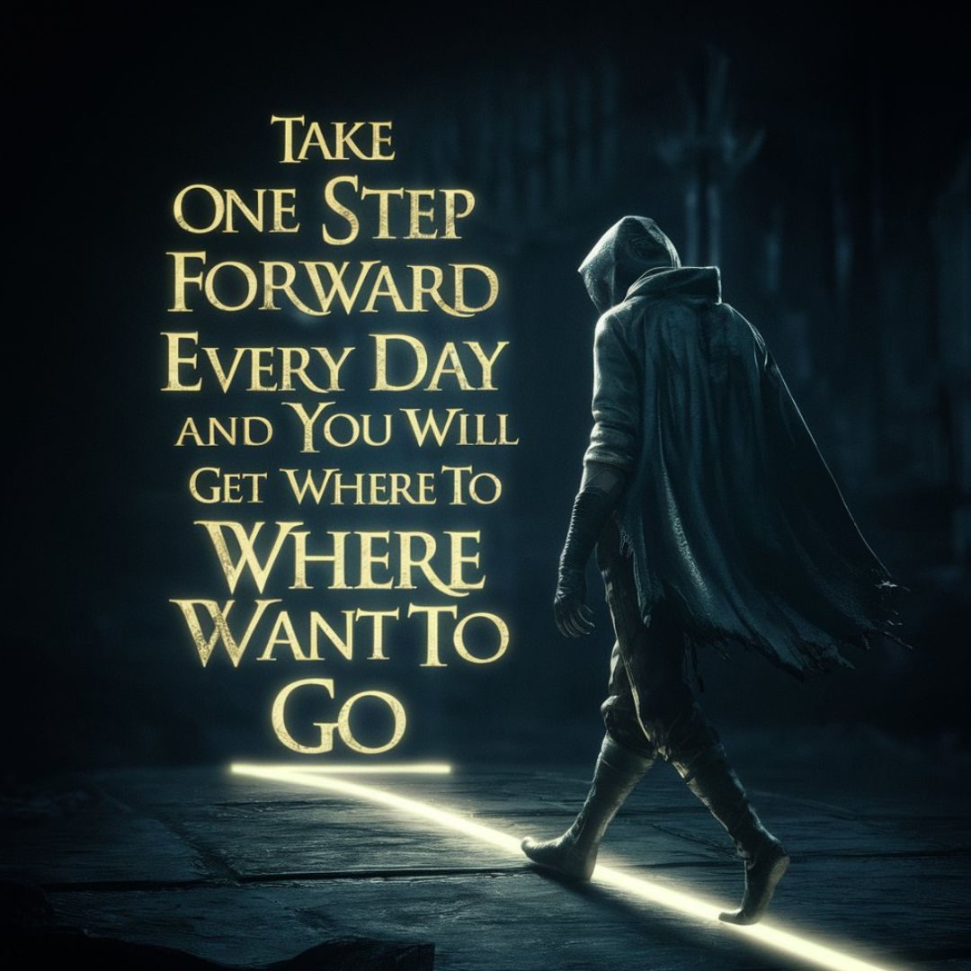 A captivating dark fantasy cinematic illustration featuring a lone figure in a dimly lit, gothic setting. The character, dressed in a cloak, has one foot stepping forward onto a glowing path, leaving a trail of light behind them. Above the character, the quote reads: "Take one step forward every day and you will get where you want to go." The typography is elegant and mysterious, adding to the overall dark and atmospheric feel of the scene., 3d render, typography, illustration, cinematic, dark fantasy. Motivational